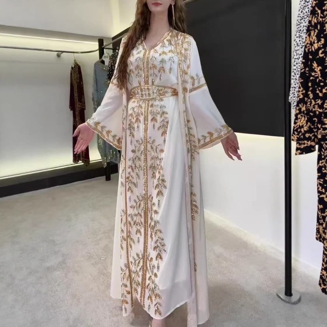 Modest Abaya Dress Luxury Embroidered Maxi Dress With Crystal Beading – Elegant V-Neck A-Line Gown For Women, Modest Long Sleeve Evening Dress