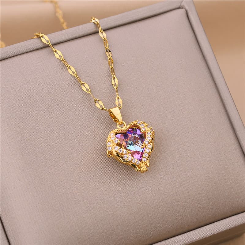Unisex Jewelry Fashion necklace love color crystal pendant titanium steel plated gold light luxury niche clavicle chain