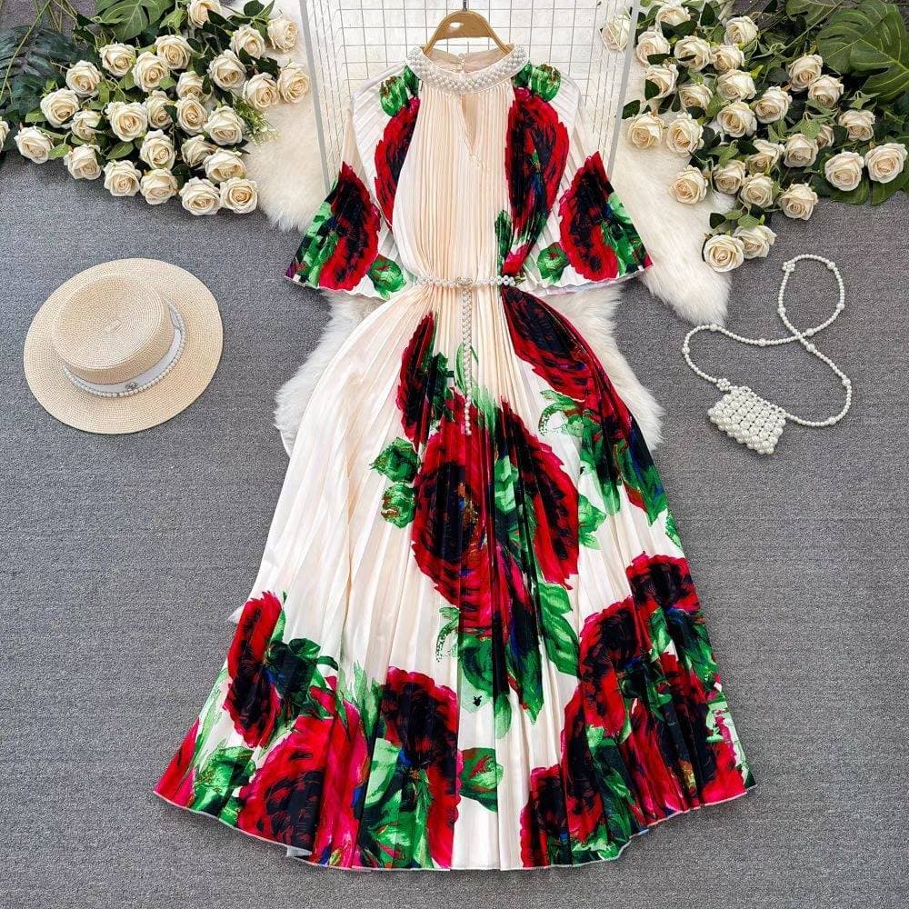 Women's Clothing high end printing heavy beading pleated long dress pleated skirt temperament dress