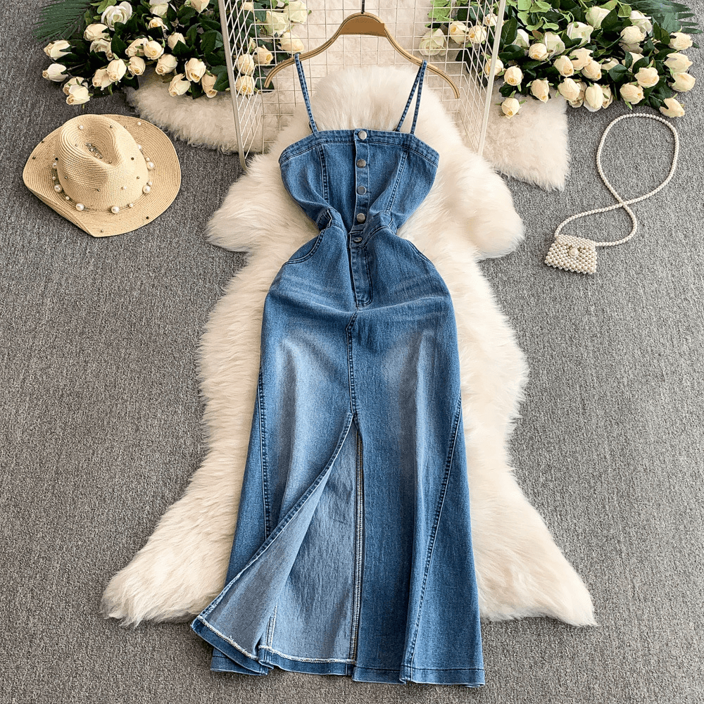 Women's Clothing Retro Temperament Single Breasted Denim Suspender Dress For Women Summer Waist Slimming Elegant Slit Mid Length Skirt