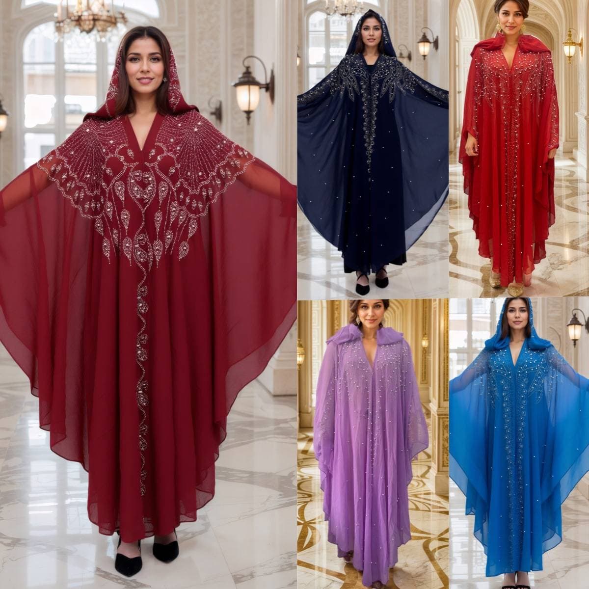 Middle East Africa Explosion Hot Diamonds Beaded Hooded Cape Dress Bat-sleeve Muslim Robe Breathable Chiffon Solemn Show Temperament
