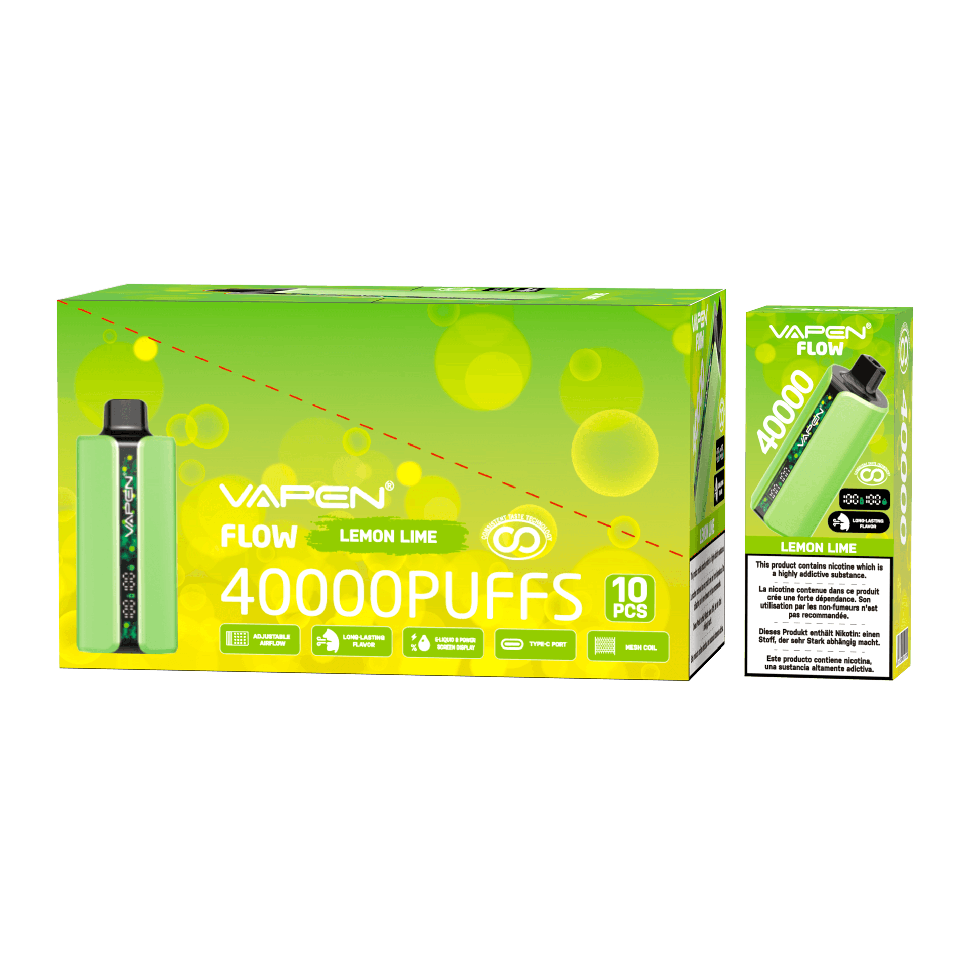 Lot de 10 cigarettes électroniques jetables Vapen Flow 40 000 bouffées (5 %), avec résistance mesh et saveurs variées (20 000, 30 000 et 50