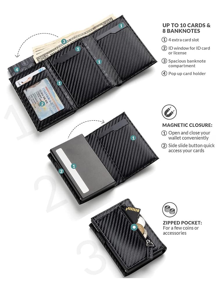 New Men Credit Card Holder RFID Blocking Microfiber Leather Magnetic Closure Pop Up Card Wallet With ID Window And Coin Pocket