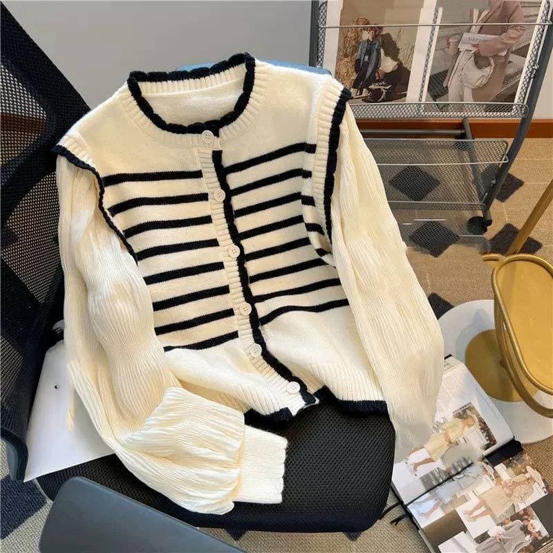 Women's Clothing Design sense splicing striped knitted cardigan puff sleeve chiffon sweater short chic two piece top spring