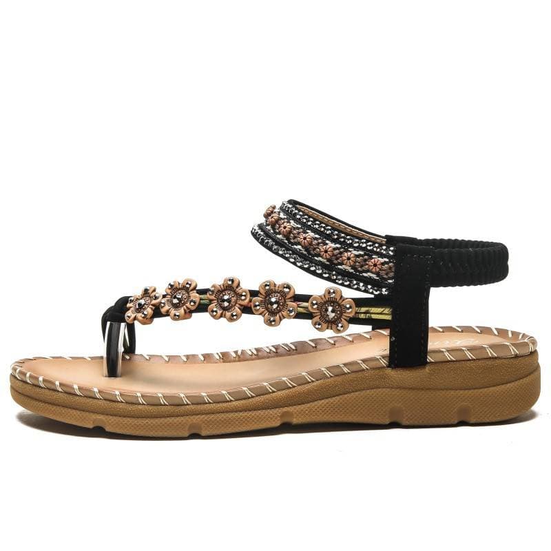 Women's Fashion Large Size Flat Sandals Flower Rhinestone Sandals Open Toe Beach Sandals