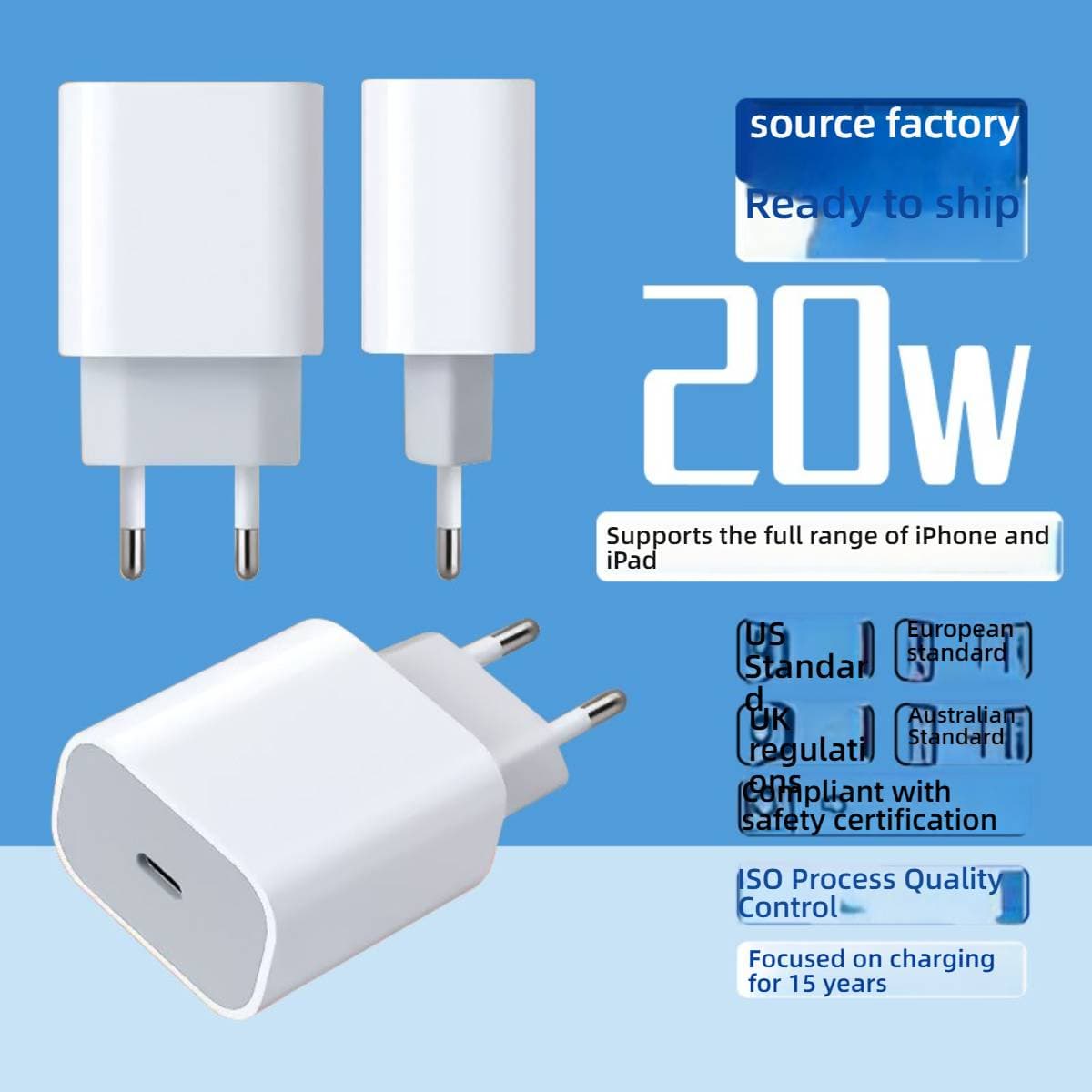 20W PD Fast Charger With CE Certification – GaN Tech, EU Plug, Compatible With IPhone, IPad & More