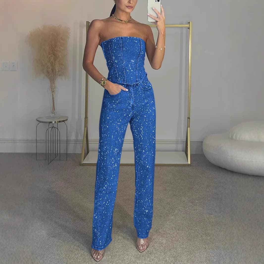 Women's Clothing Sexy Off Shoulder Shiny Vest Diamond Trousers Suit Two Piece Suit
