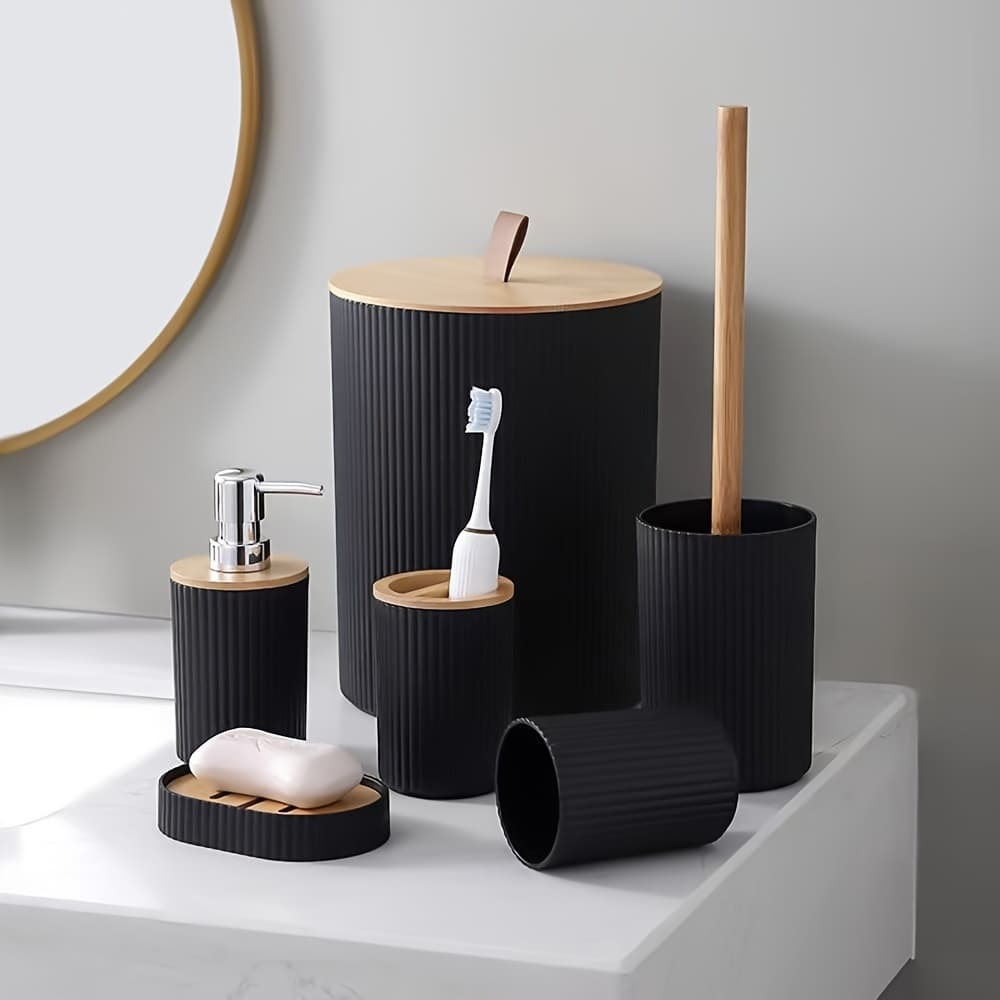 1pc Bathroom Accessories Set, 6 Piece Bathroom Accessory Set With Trash Can, Toothbrush Holder, Lotion Soap Dispenser, Soap Dish, Toilet Brush