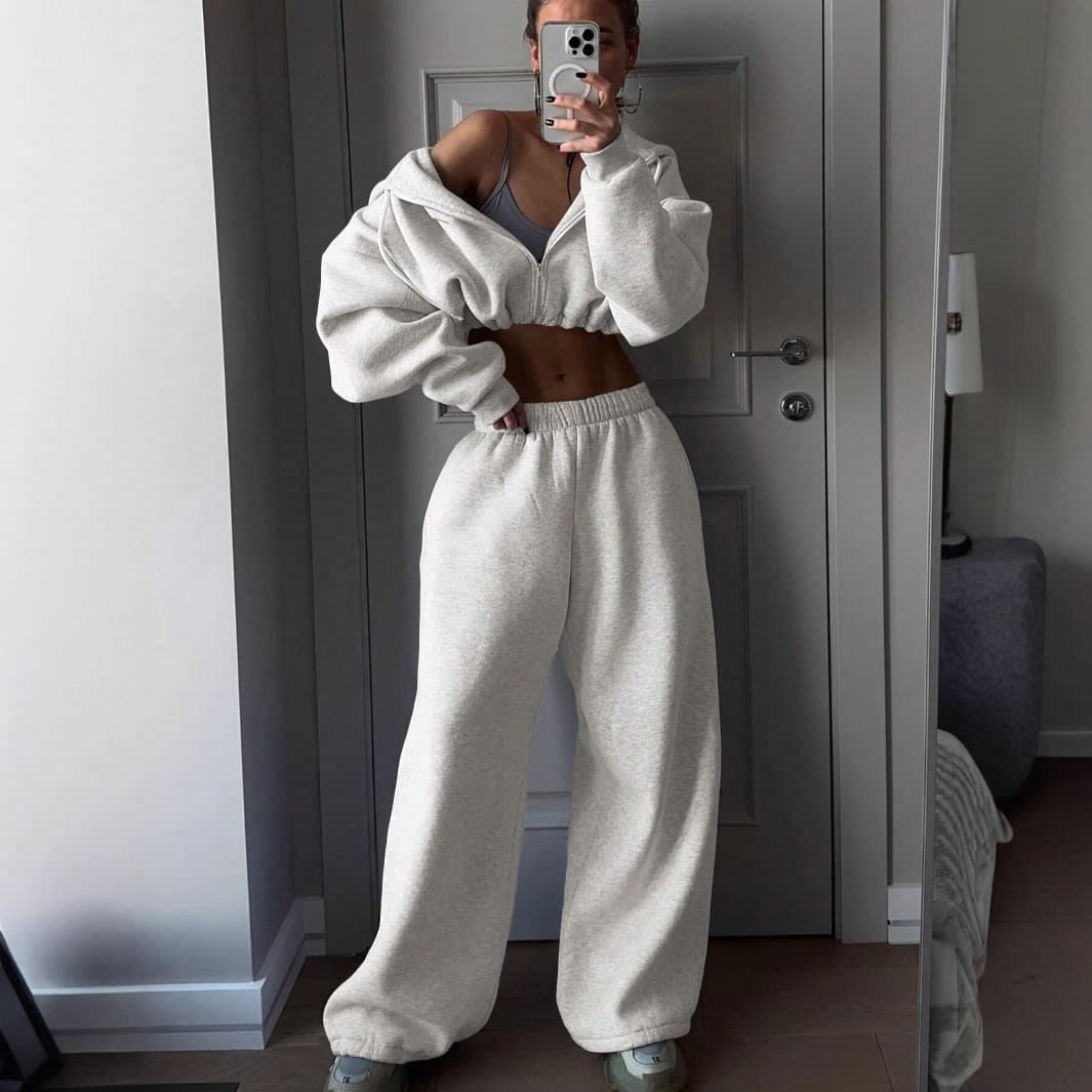 Women's Long-Sleeve Hoodie & Jogger Pants Set (95% Polyester, Light Grey/Heather Grey/White/Black/Brown/Pink/Red, S/M/L/XL, Streetwear Athleisure)​