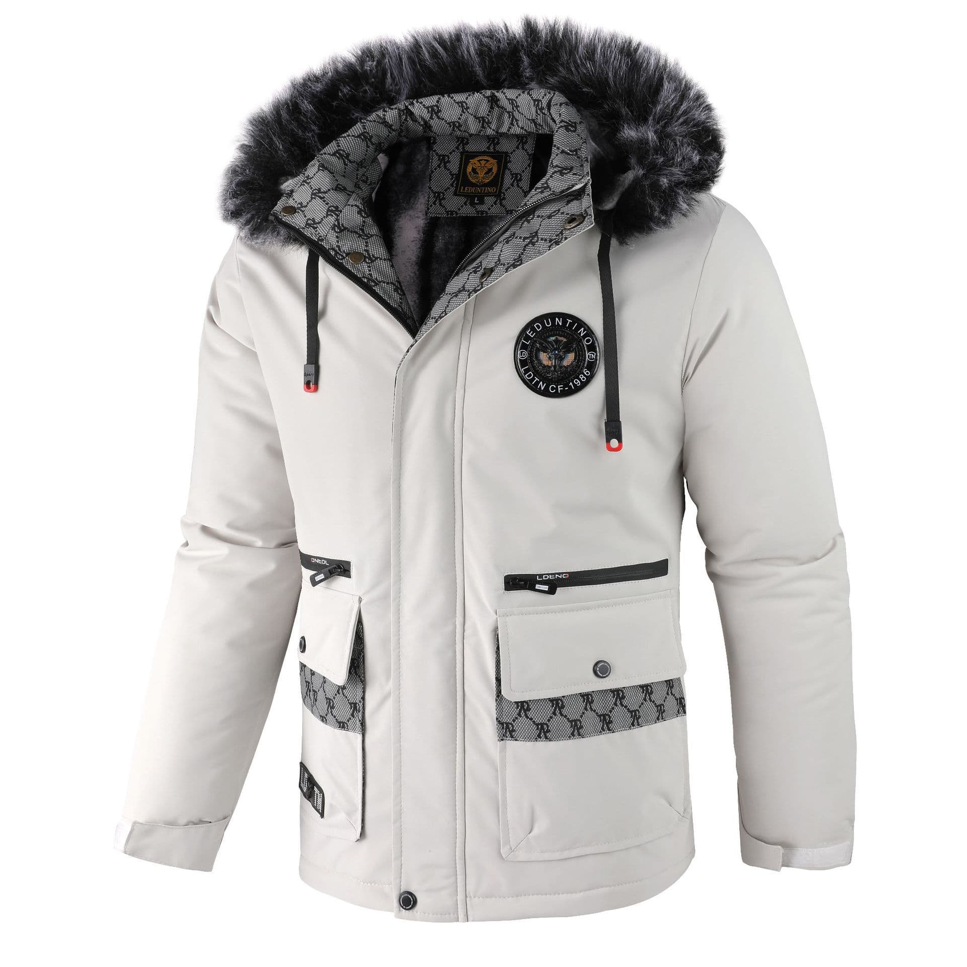 Men's Clothing Winter Fleece-Lined Hooded Jacket With Detachable Fur Collar - Warm Thickened Casual Coat For Cold Weather (Black/White, Sizes M-5XL)