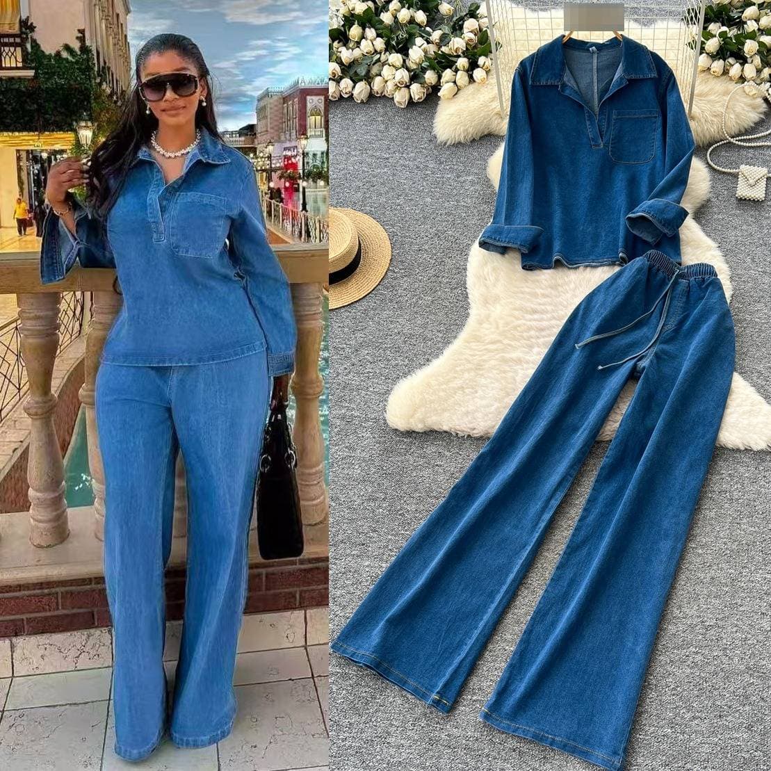 Women's Clothing Light Mature Style High End Retro Lapel Long Sleeved Denim Top For Women 2025 Autumn High Waist Casual Wide Leg Straight Pants