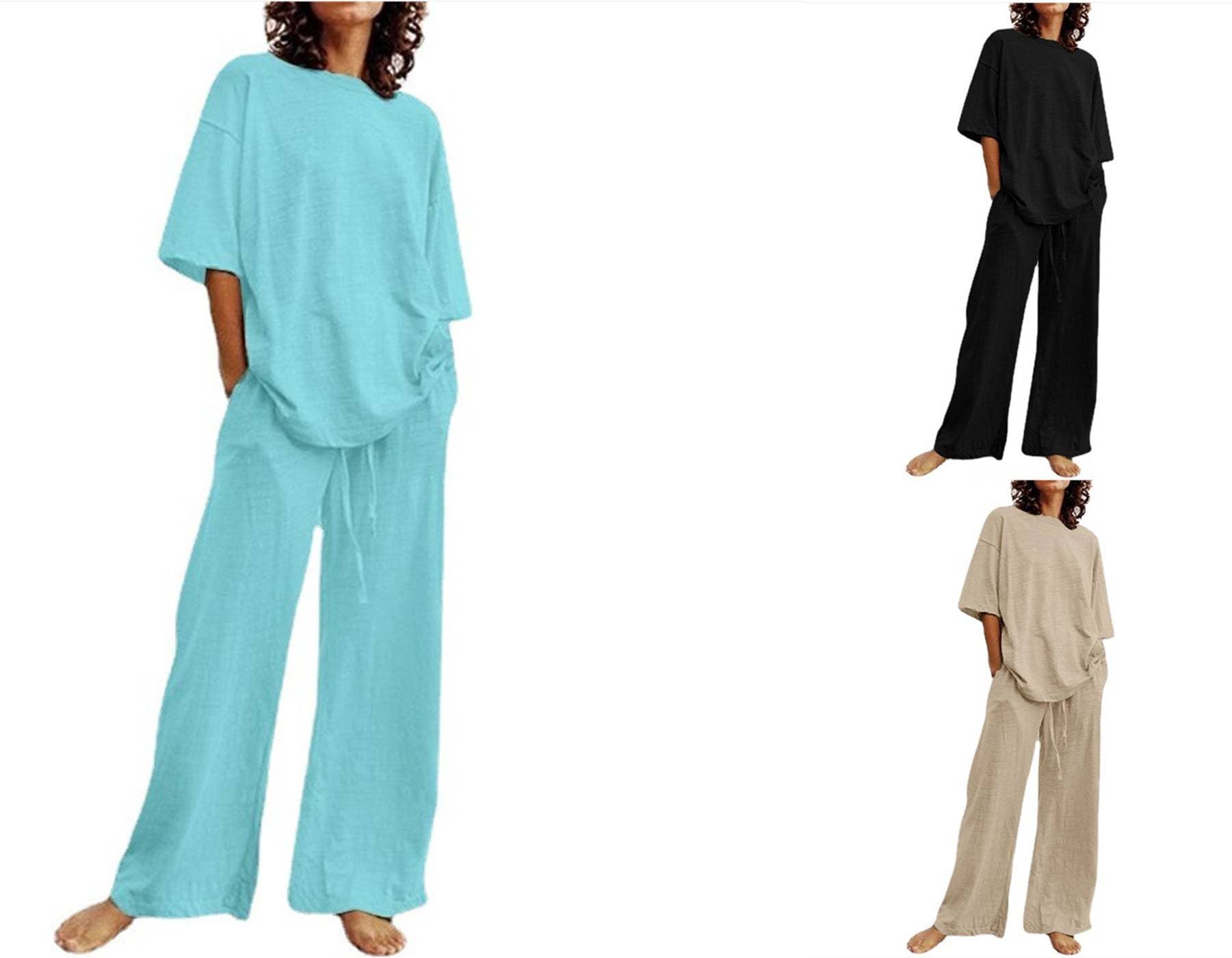 Lightweight Cotton Linen Lounge Set Women's Oversized T-Shirt & Wide Leg Pants