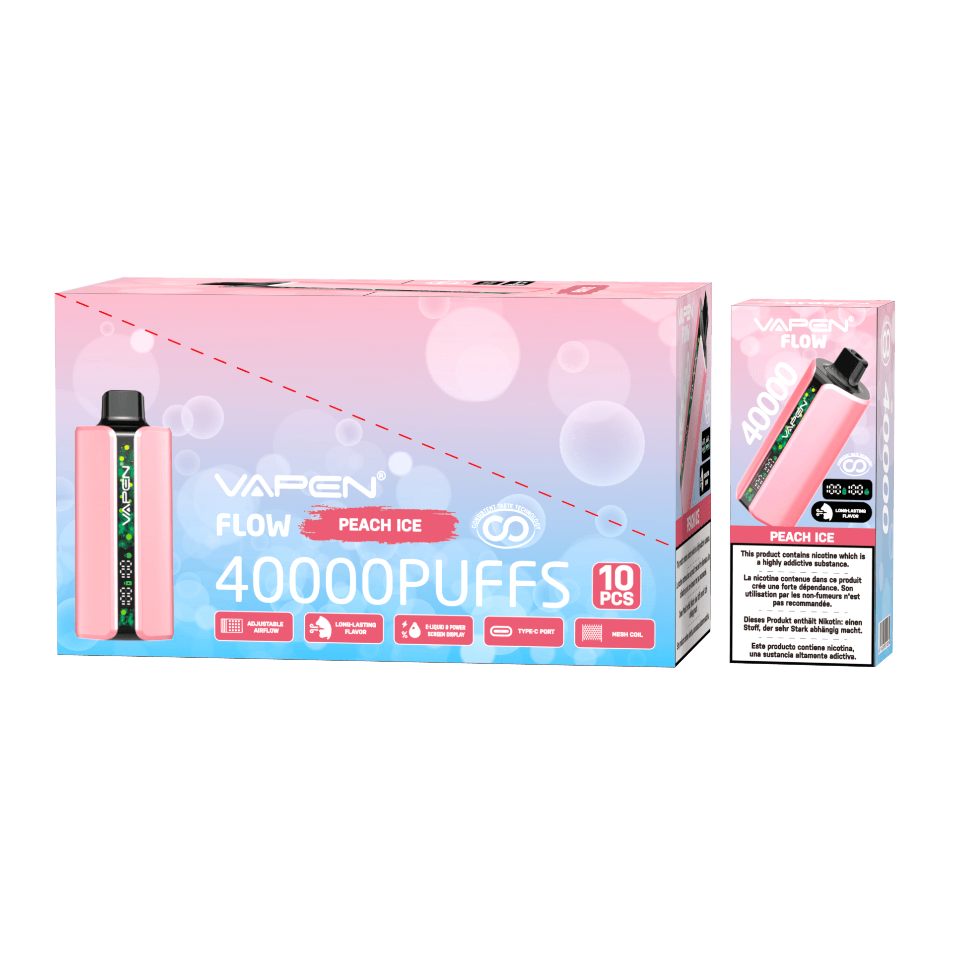 Lot de 10 cigarettes électroniques jetables Vapen Flow 40 000 bouffées (5 %), avec résistance mesh et saveurs variées (20 000, 30 000 et 50