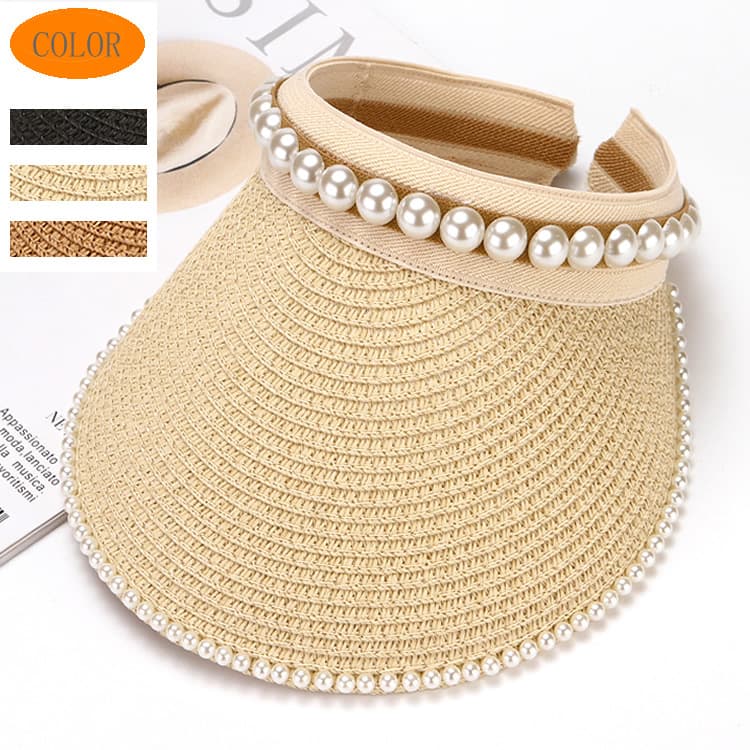 Women's Korean Style Straw Woven Sun Hat With Pearls Summer Visor Headband Hat