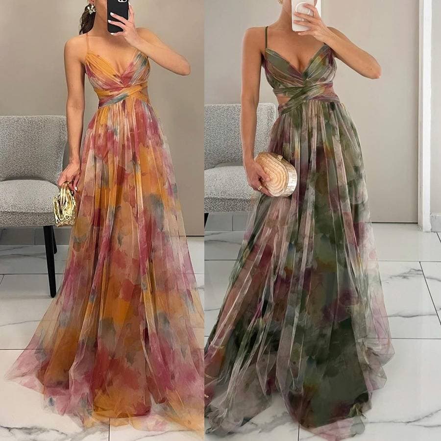 Women's Clothing New Mesh Printed Suspender Dress Ins Holiday Casual Party Dress