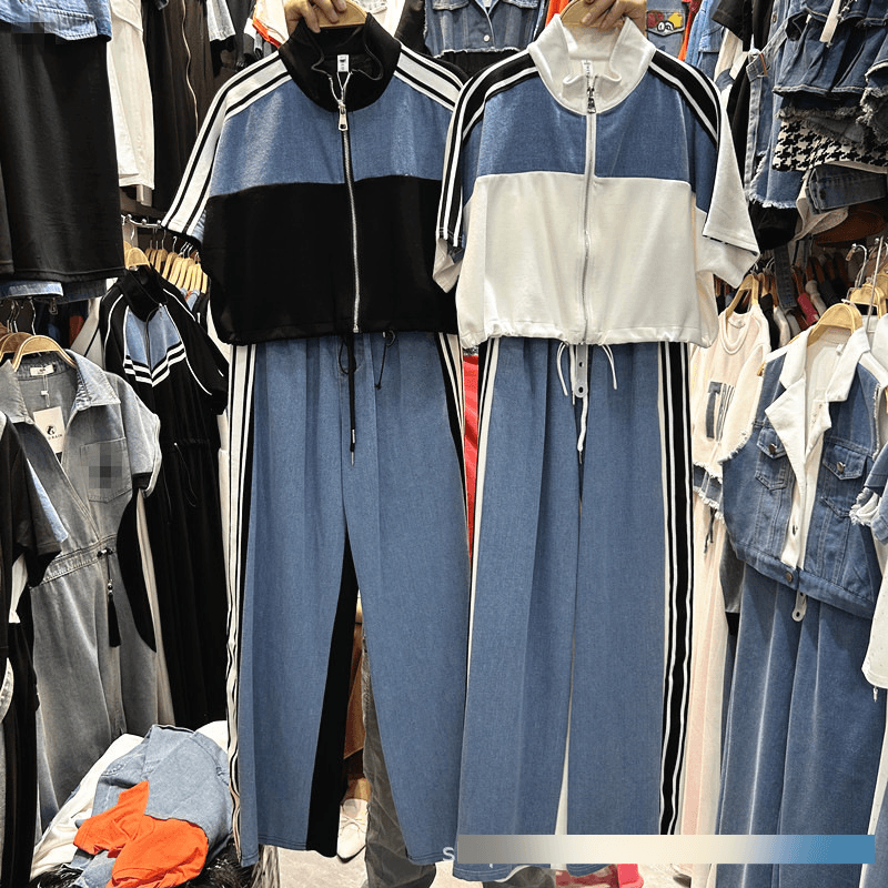 Women's Contrast Trim Denim Two-Piece Set - Stand Collar Top & Wide Leg Pants, Summer Sporty Chic Outfit​​
