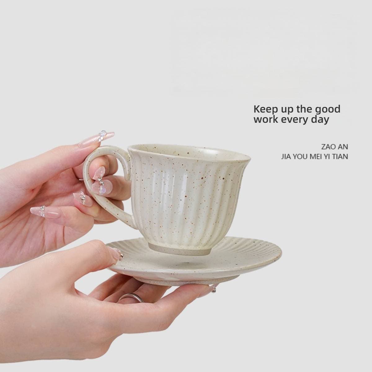 Vintage Striped Ceramic Coffee Cup & Saucer Set – Rustic Stoneware Mug For Office Tea, Afternoon Milk, And Cozy Home Brews