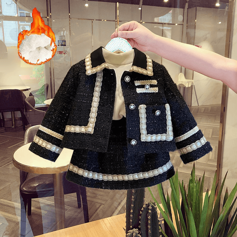 Girls Fashionable Princess Suit Winter Style Baby Girl Small Fragrance Style Thickened Coat Short Skirt Two Piece Suit Trendy