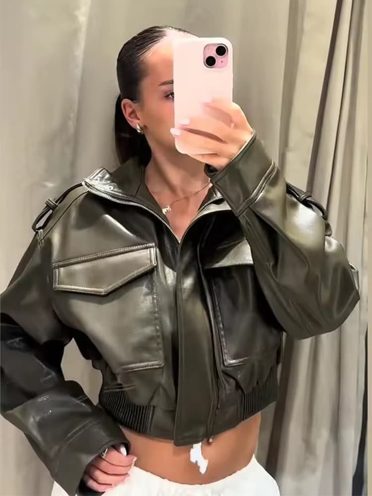 Chic Fashion Faux Leather Jackets For Women Loose Zipper Long Sleeve Female Short Coats 2025 Autumn Lady Casual New Outerwear
