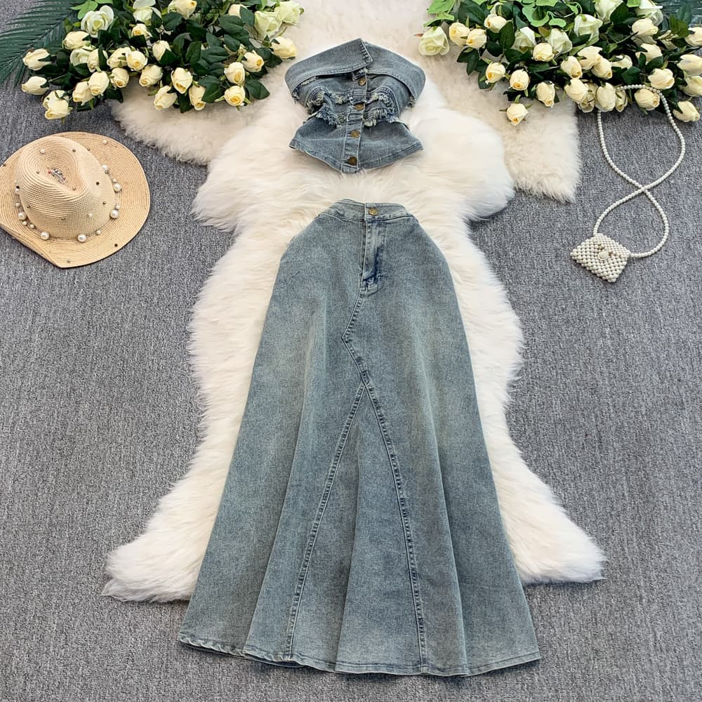 Women's Clothing One Shoulder Top Vest For Women Design Tassel Waist Top Suit High Waist Skirt
