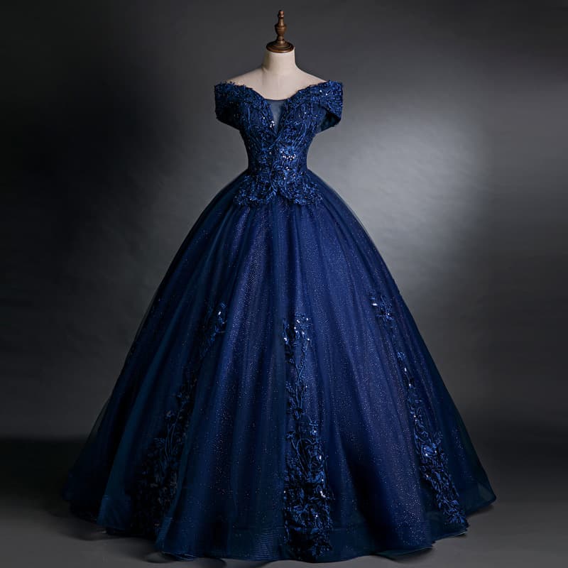 Women's Clothing Elegant Navy Blue Off-Shoulder Ball Gown For Vocal Performances & Auditions – Princess Silhouette Dress With Slimming A-Line Skirt
