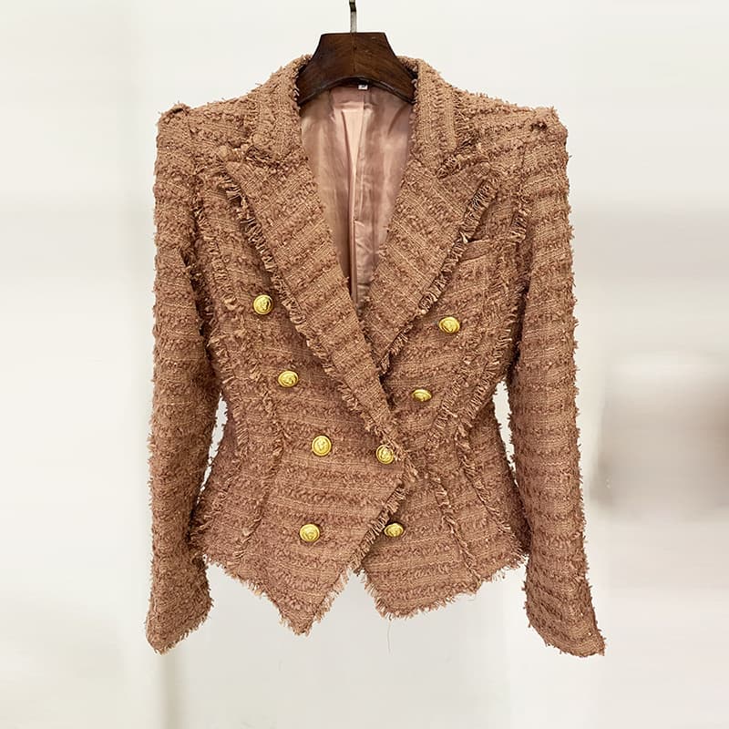 Women's Clothing star fashion tassel edge tweed slim suit jacket pink brown