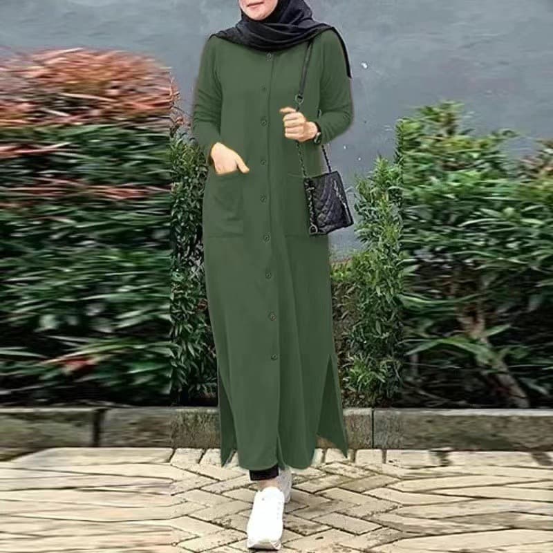 Women's Clothing Elegant Long Sleeve Solid Color Shirt Dress With Side Slit Relaxed Fit, Breathable Polyester, Plus Size Options (Pink, Yellow, Green)