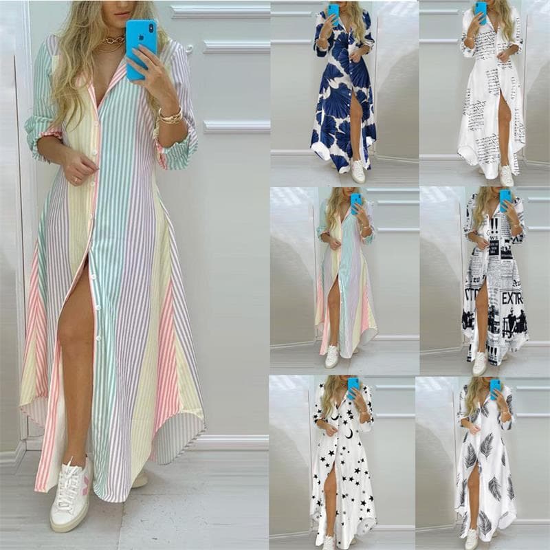 Women's temperament printed single-breasted slit shirt dress