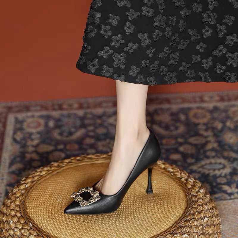 Black High-heeled New Plus Size Women's Shoes, Not Tiring For Feet. 3cm 5cm Rhinestone French Pointed Work Order Shoes