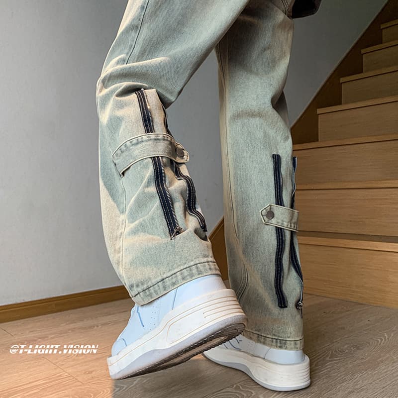 Men's Clothing American High Street Zipper Jeans Men's Spring Retro Cool Pants Loose Trendy Wide-leg Straight Casual Trousers