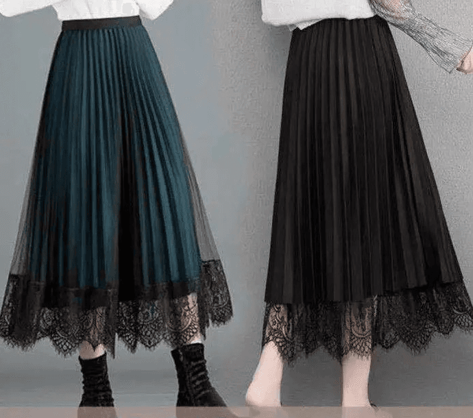 [Reversible] Skirt autumn and winter new women's large size high waist lace pleated skirt medium length slim mesh skirt