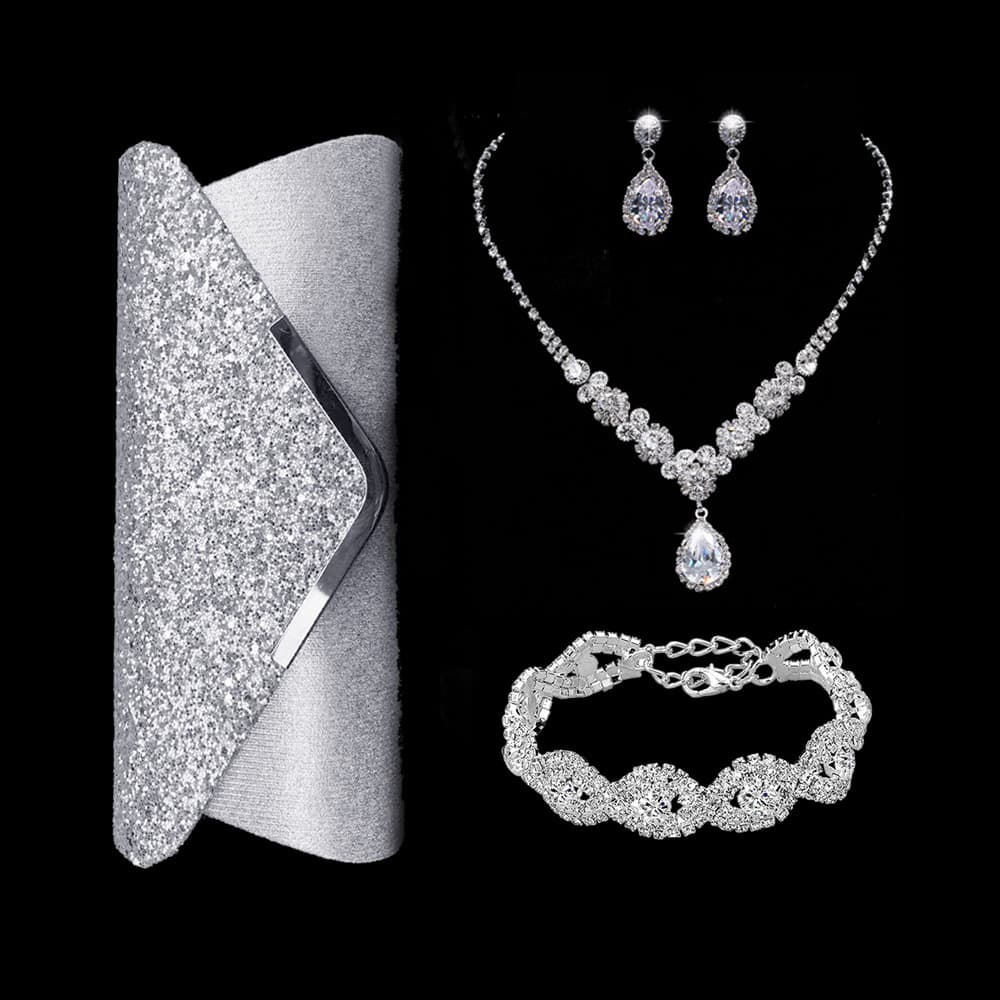 High end bridal jewelry set, cocktail party elegant necklace, earrings and bracelet four piece set, evening dress, dinner bag and clutch bag