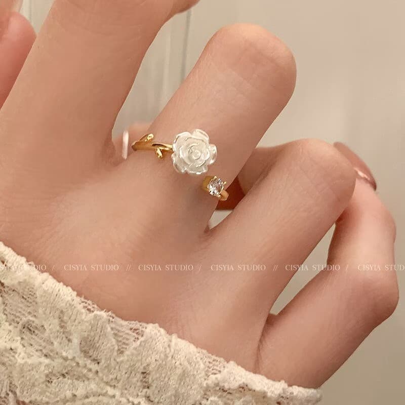 French Style New Camellia Sweet Girl Heart Personality Sister Rose Flower Adjustable Bestie Couple Ring