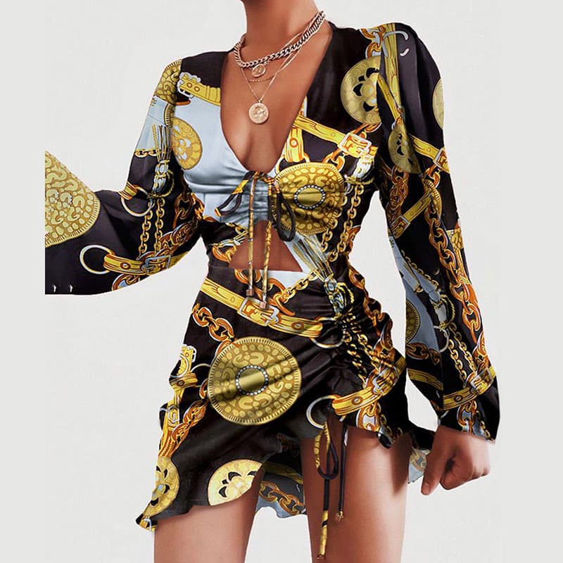 Women’s Clothing new fashion dress ruffled leopard print long sleeved hip covering sexy drawstring dress