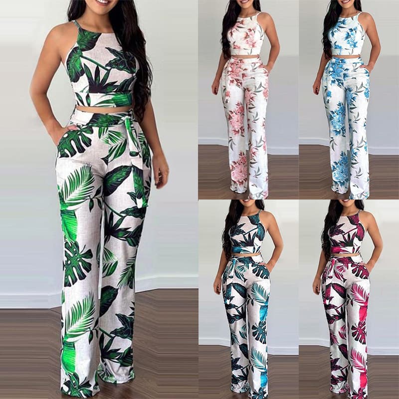 Women's Clothing Summer Two Piece Short Printed Vest High Waist Wide Leg Pants Ladies Leisure Suit