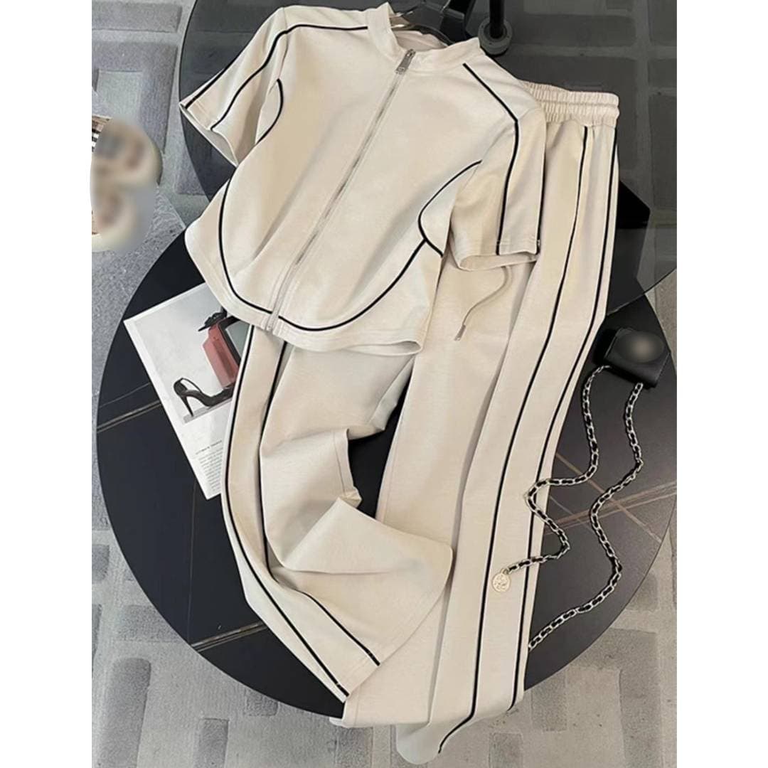 High-end European Casual Sports Suit, Fashionable Street Style Cardigan, Short-sleeved Wide-leg Pants Two-piece Set