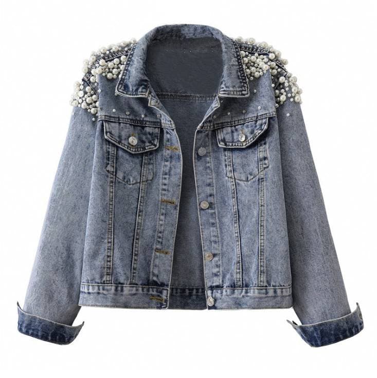 Women's Embroidered Denim Jacket With Beads & Pearls – Oversized Casual Coat, Comfortable & Stylish, S-5XL (Black/Blue)