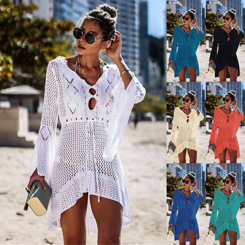Women's Clothing new style knitted hollow beach cover up holiday bikini swimsuit sun protection shirt for women sun protection clothing