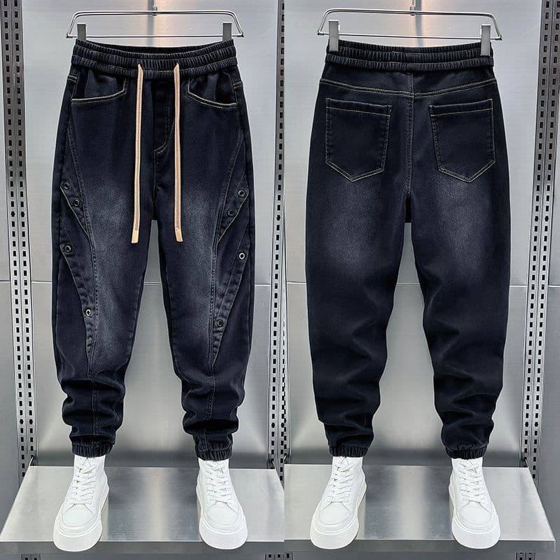 Men's Slim Fit Black Washed Denim Pants - Streetwear Style Tapered Joggers With Multi-Pockets For Casual Outfits​