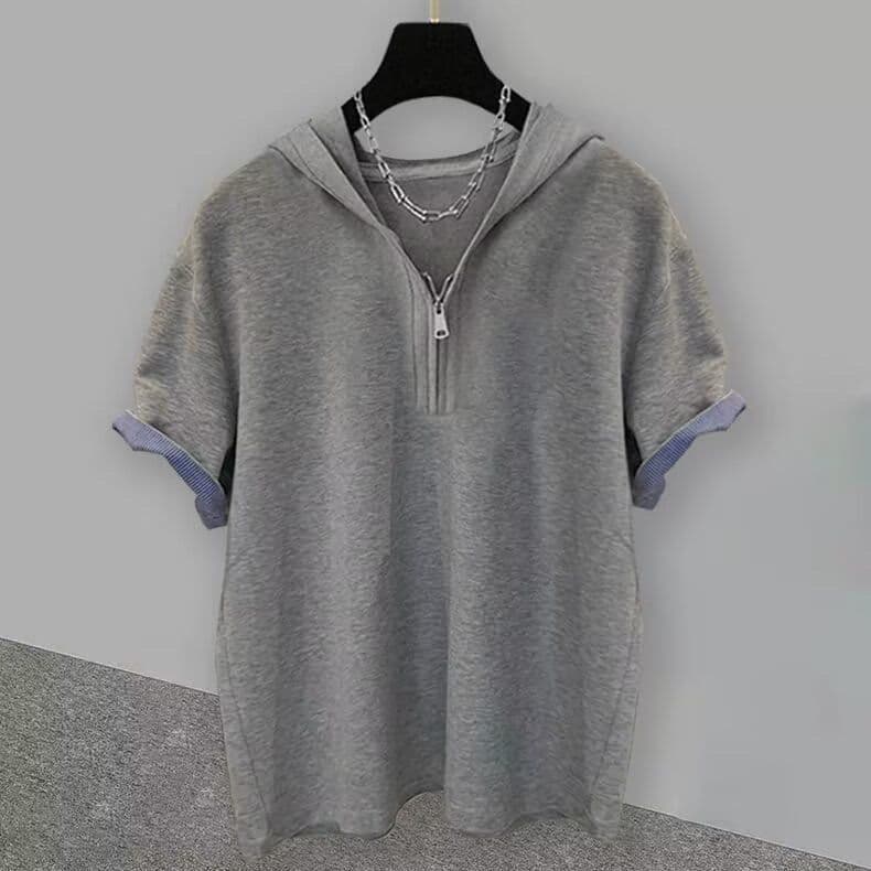 Internet Celebrity Summer American Style Zipper Short Unisex Loose Half Sleeve Casual Hoodie Social Youth Sports T-Shirt