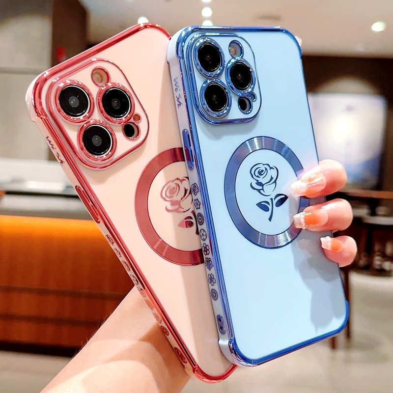 Magsafe Wieless Chage ose Flowe Phone Case Fo iPhone 11 12 13 14 15 Po Max Plus Soft Magnetic Bumpe Silicone