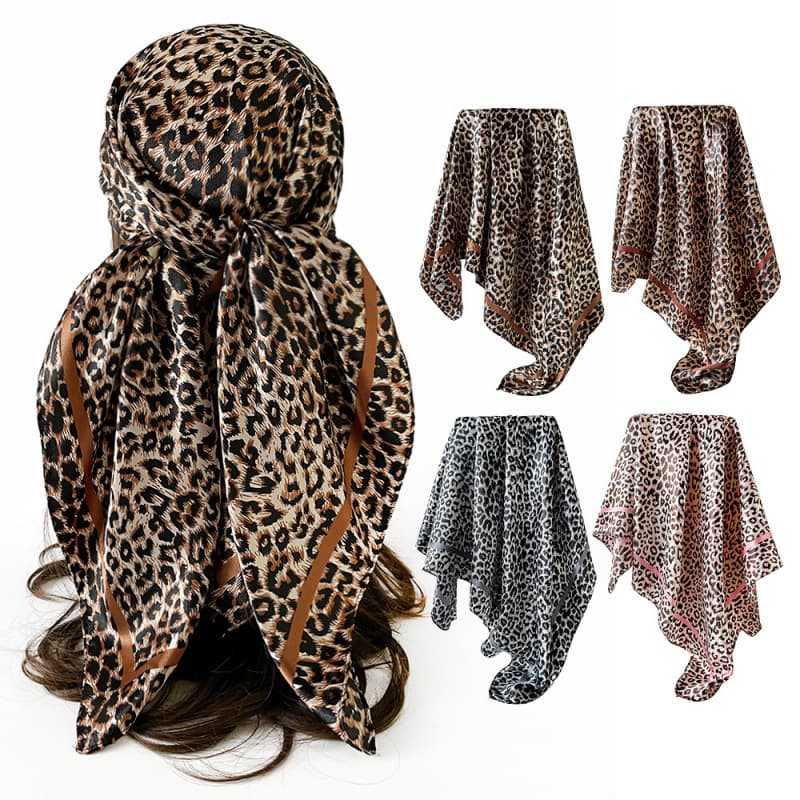 Women's Large Square Scarves Leopard Print Satin Fabric 90% Imitation Silk European American Style Moss Headscarves