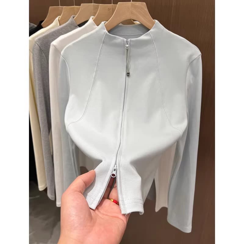 Tunique à manches longues et col montant pour femme, tendance et zippée – Chemisier décontracté coupe slim avec double fermeture éclair