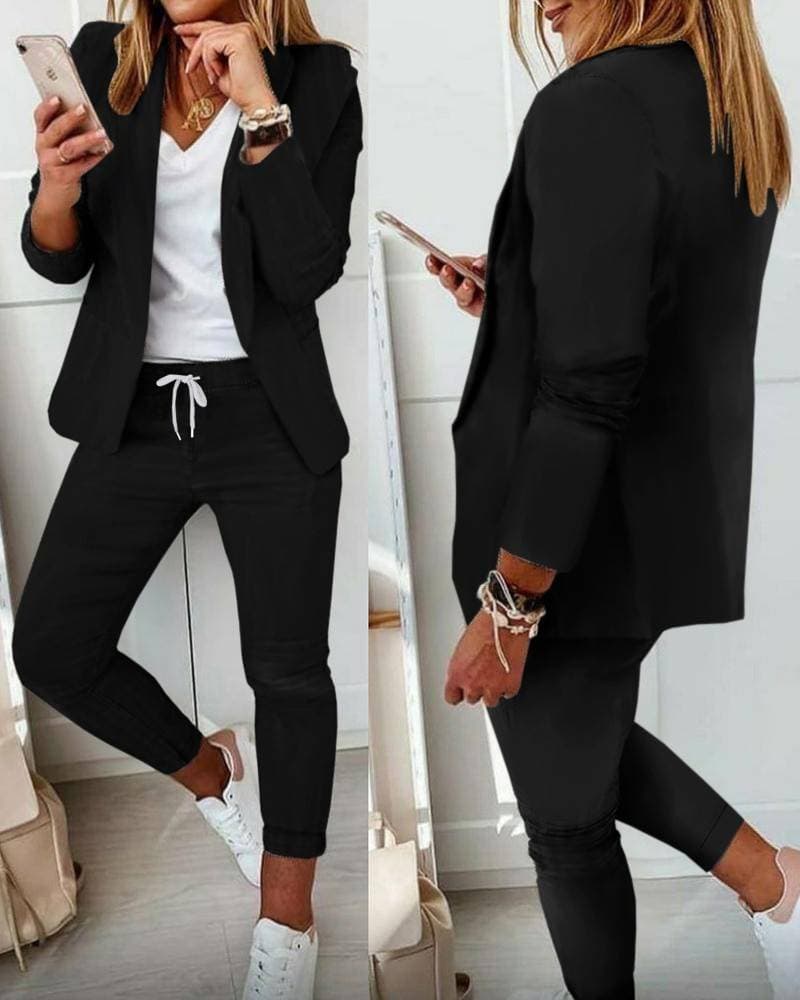 Women's Clothing Solid Color Commuting Style Suit Top + Professional Pants Suit