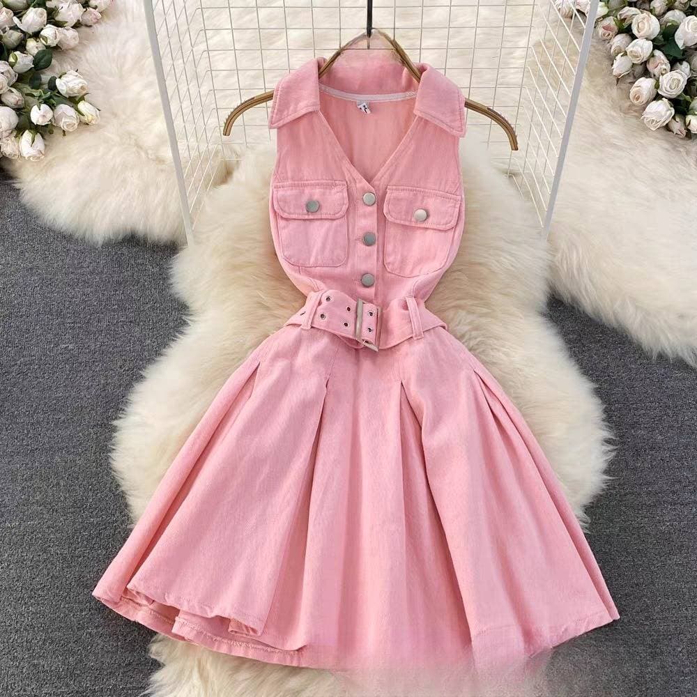 Women's Clothing Summer hot girl sexy denim skirt design halter neck waist short petite a line puffy pleated dress