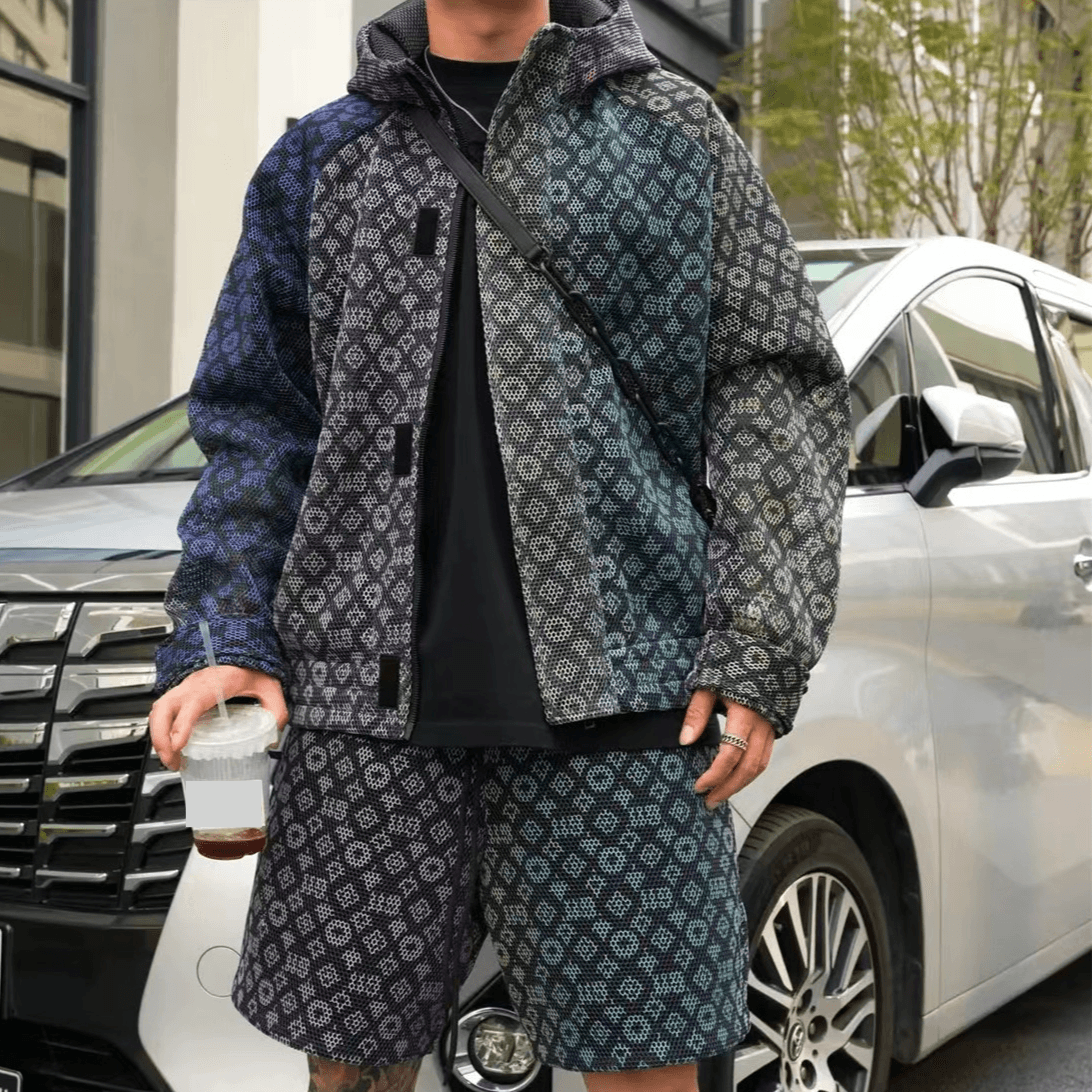 Men's UV Protection Suit - Neon Gradient Grid Jacket & Shorts Set | Trendy Streetwear (Black/Pink/Blue)​