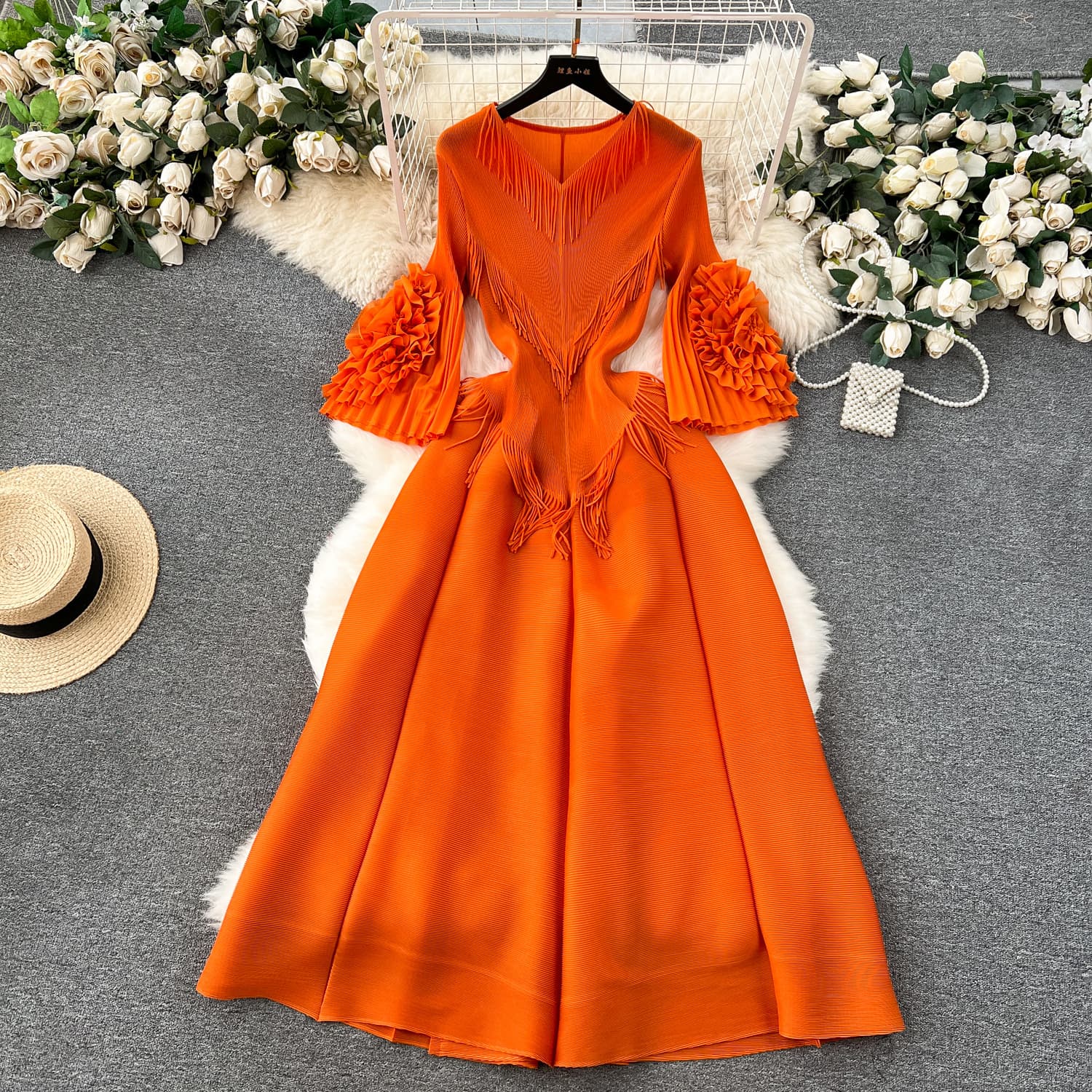 Women's design tassel V-neck slim long heavy-duty pleated trumpet sleeve dress for women