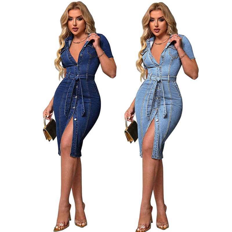 Women's Clothing Denim Collared Short Sleeved Fitted Dress, Denim Collar Dress For Women - Slim Fit Short Sleeve Midi Dress In Light & Dark Blue