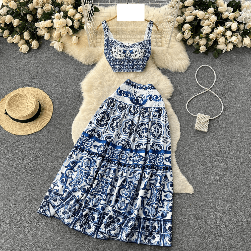 Women's Short Strapless Halter + Pleated Skirt Two-piece Set