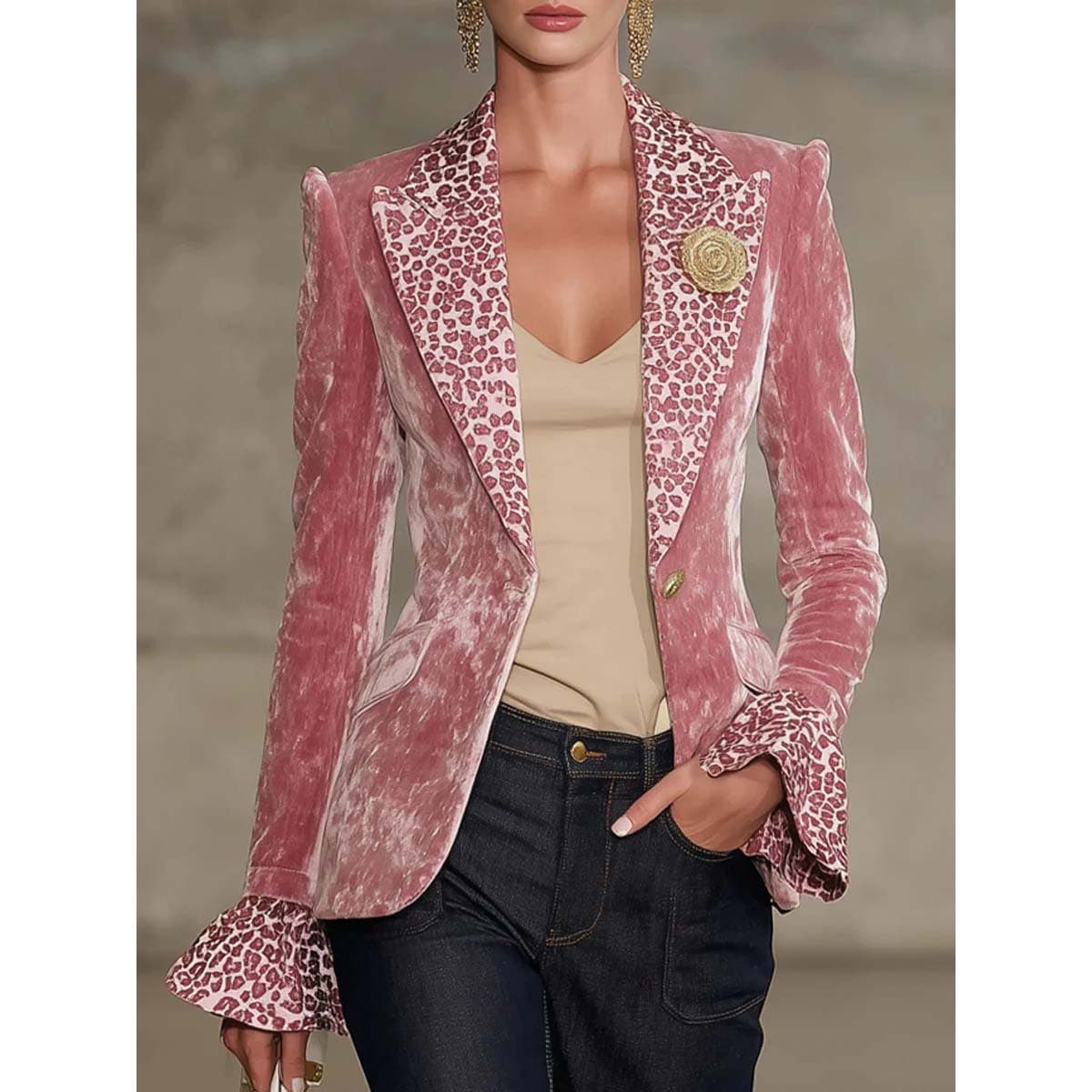 ​​Fashionable Digital Print Blazer For Women - Long Sleeve Lapel Jacket With Flutter Sleeves - Trendy Streetwear In Pink (S-Xxxl)​​